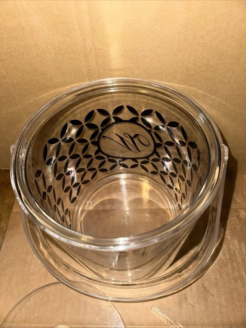 Clear plastic Ice Bucket with Decorative Monogram W with tongs